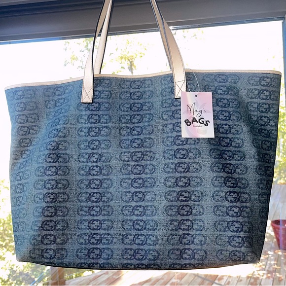 Gucci: Denim Interlocking GG Leather Abbey Joy Tote Shoulder Bag (White) - Picture 11 of 17